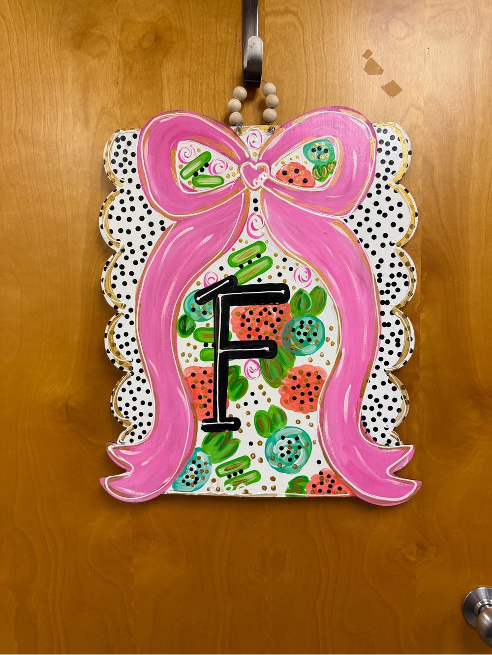 Hand-Painted Pink Bow Initial Door Hanger with Floral Dots